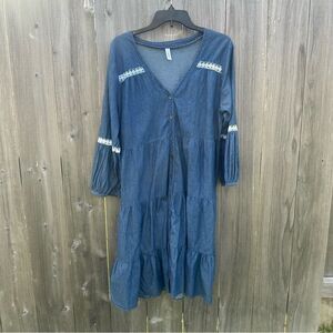 Lapis Anthropologie Denim Shirt Dress Women Large Retro 80s 3/4 Sleeve Mini Lace